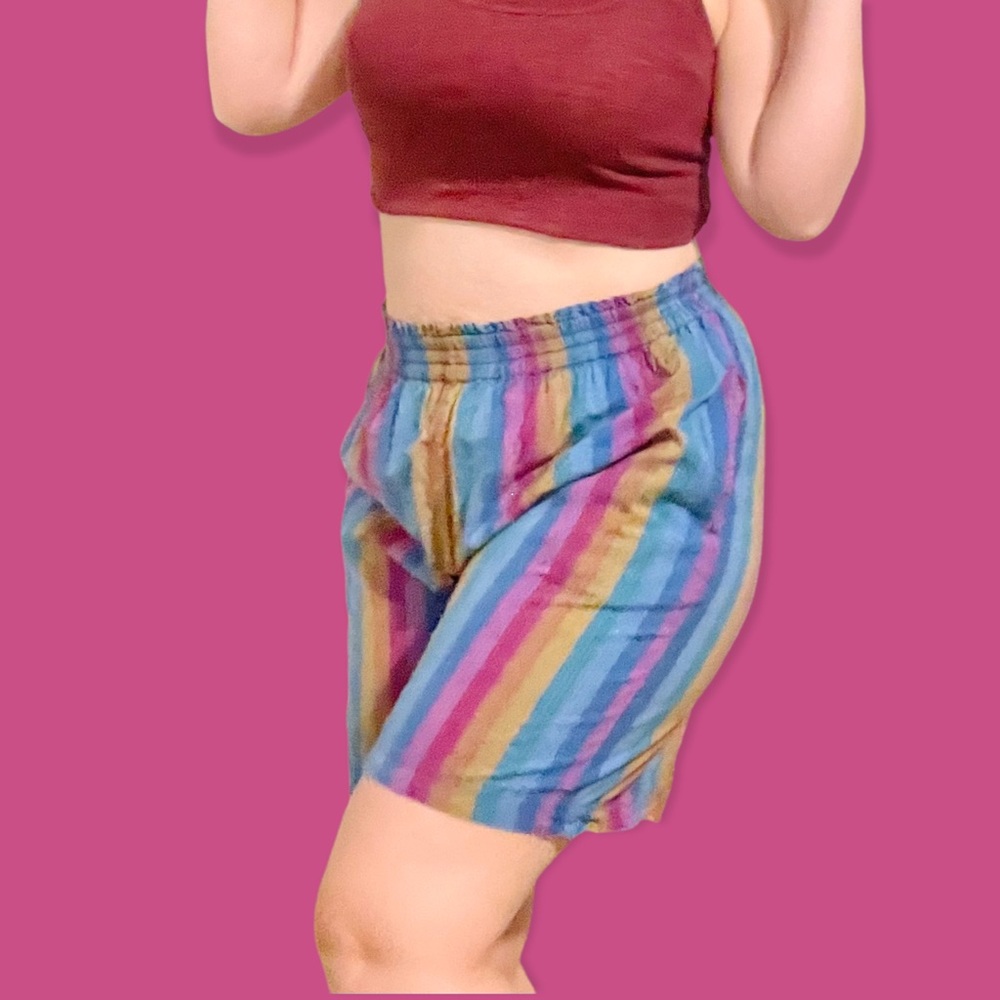 Vtg 90s rainbow stripe cotton shorts elastic waist size 10